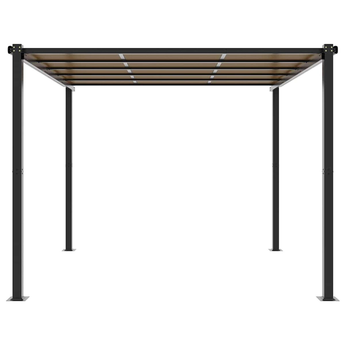 Eine schwarze Metallpergola mit Holzdecke.