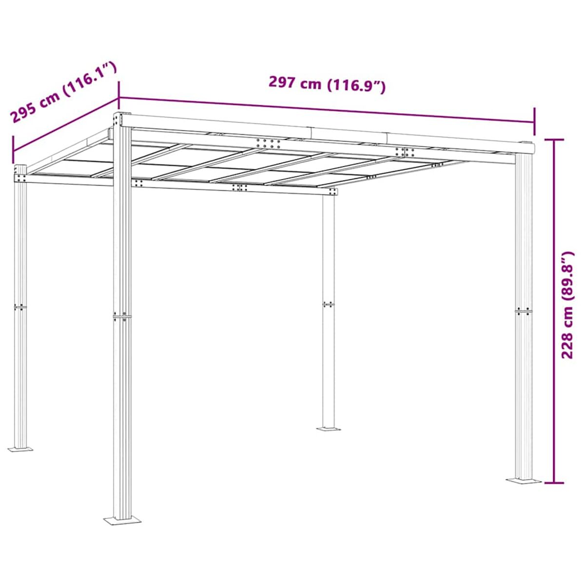 Metall-Pergola-Struktur mit Maßen. Vier Pfosten tragen ein rechteckiges Dach. Weißer Hintergrund.