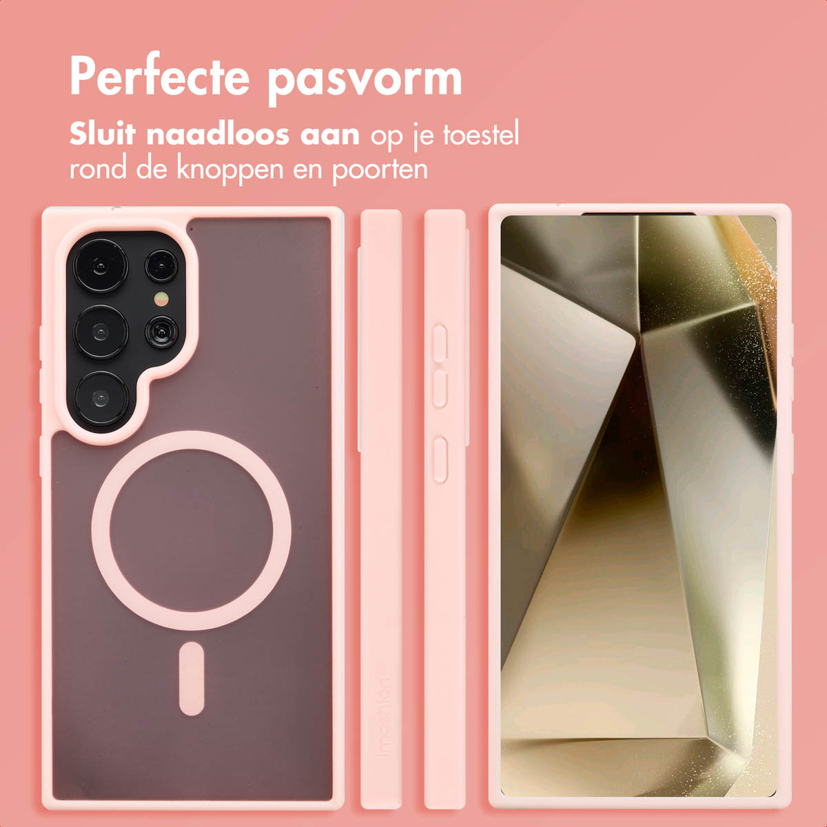 Roze telefoonhoes met transparante achterkant en ronde uitsparing voor camera. Verschillende weergaven.