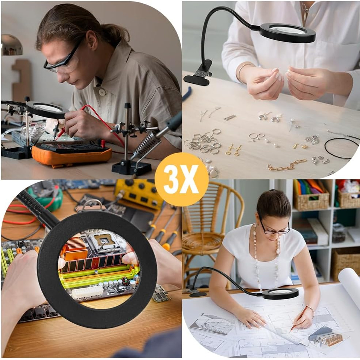 Vier Bilder mit Lupen in Gebrauch. Menschen arbeiten an Elektronik und Zeichnungen.