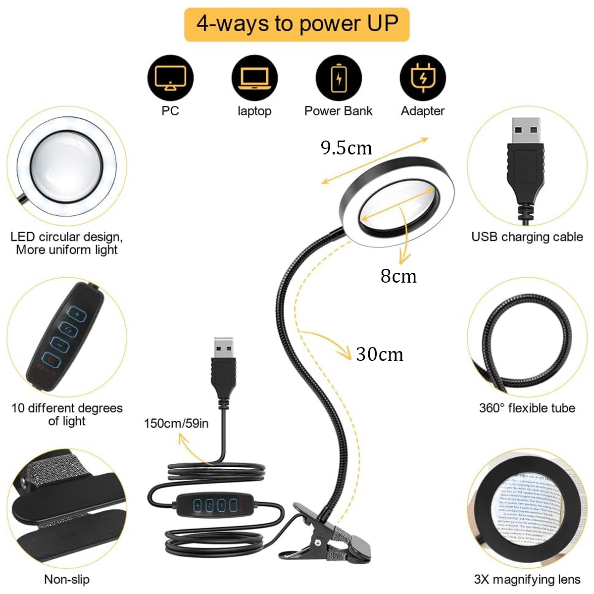 Vergrößerungslampe mit mehreren Funktionen. Mit LED-Licht, flexiblem Schlauch und USB-Kabel.