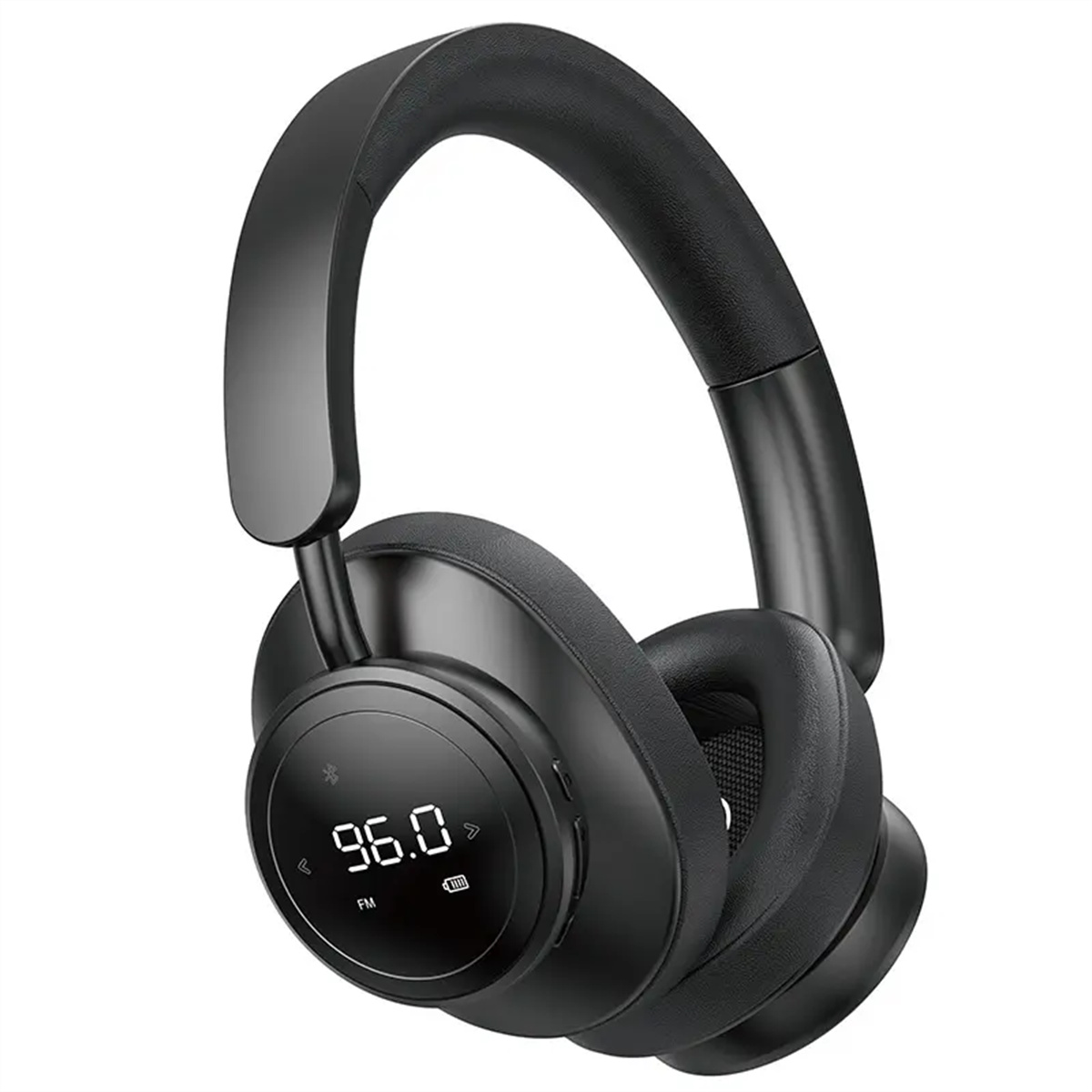 Schwarze Kopfhörer mit Digitalanzeige, die 96,0 FM anzeigt. Das Design ist Over-Ear.