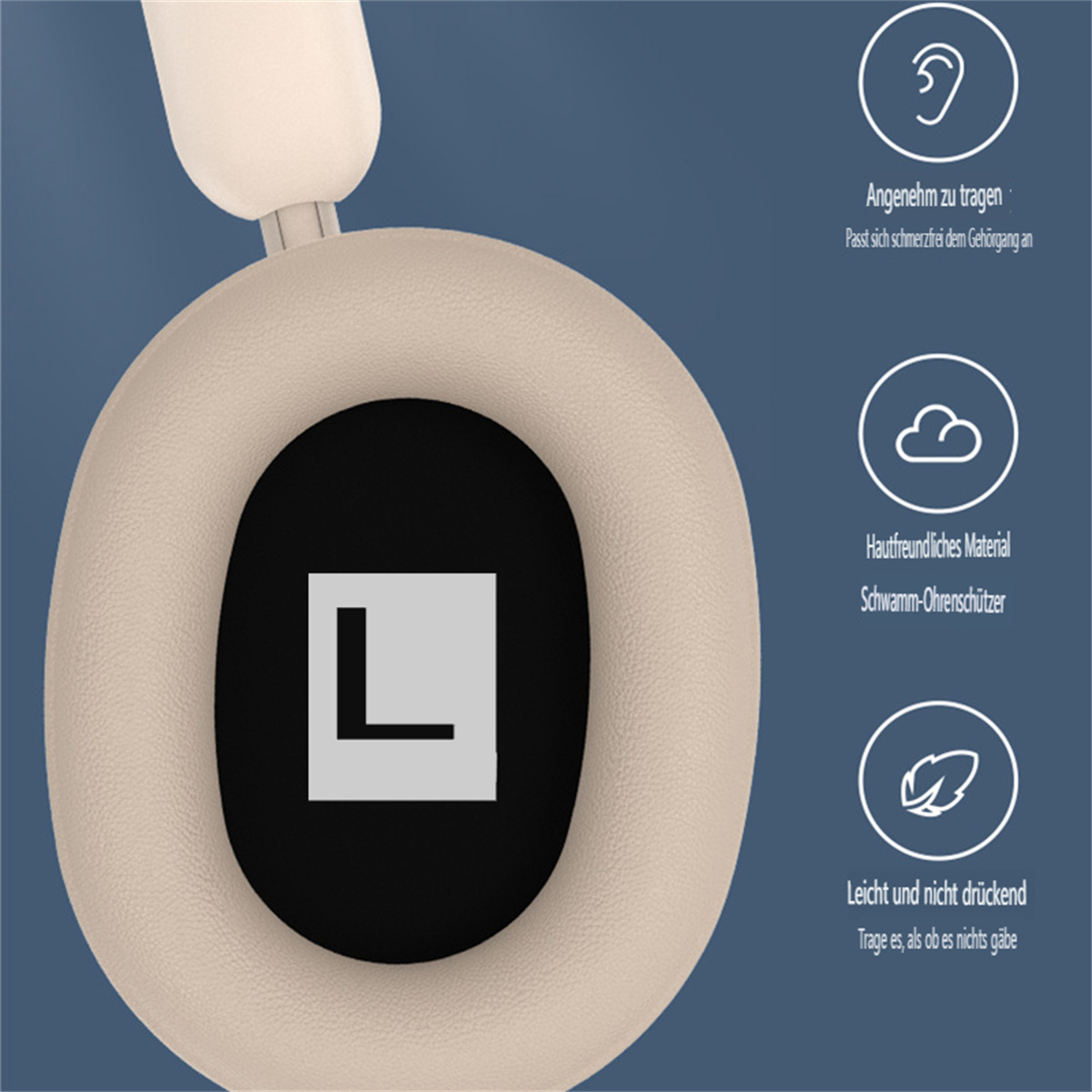 Beige Kopfhörer mit großem 'L' auf dem Ohrmuschel. Drei Icons mit Text zeigen Funktionen an.