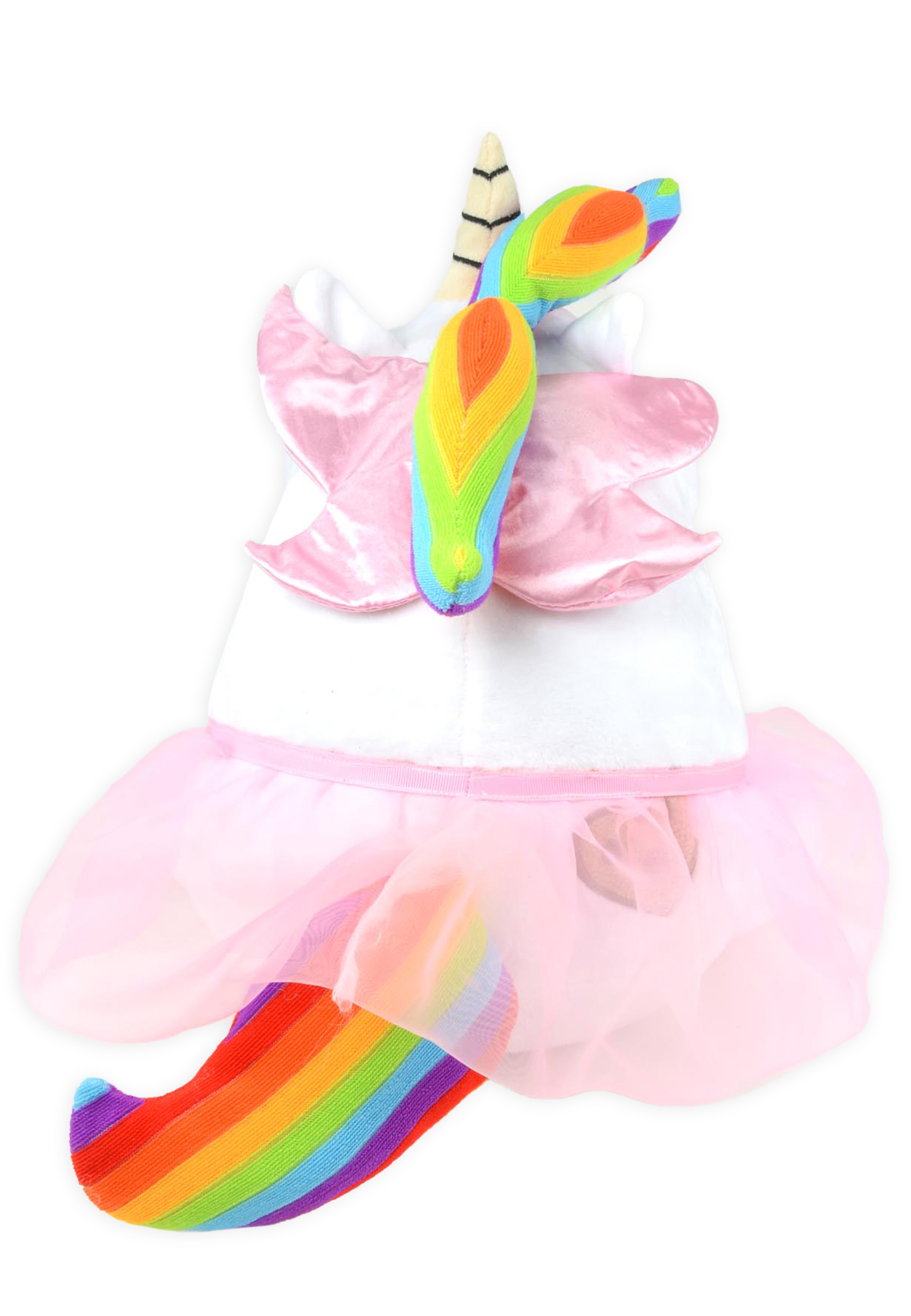 Einhorn-Kostüm mit Regenbogen-Schwanz, Horn und Flügeln. Weißer Körper mit pinkfarbenem Tutu.