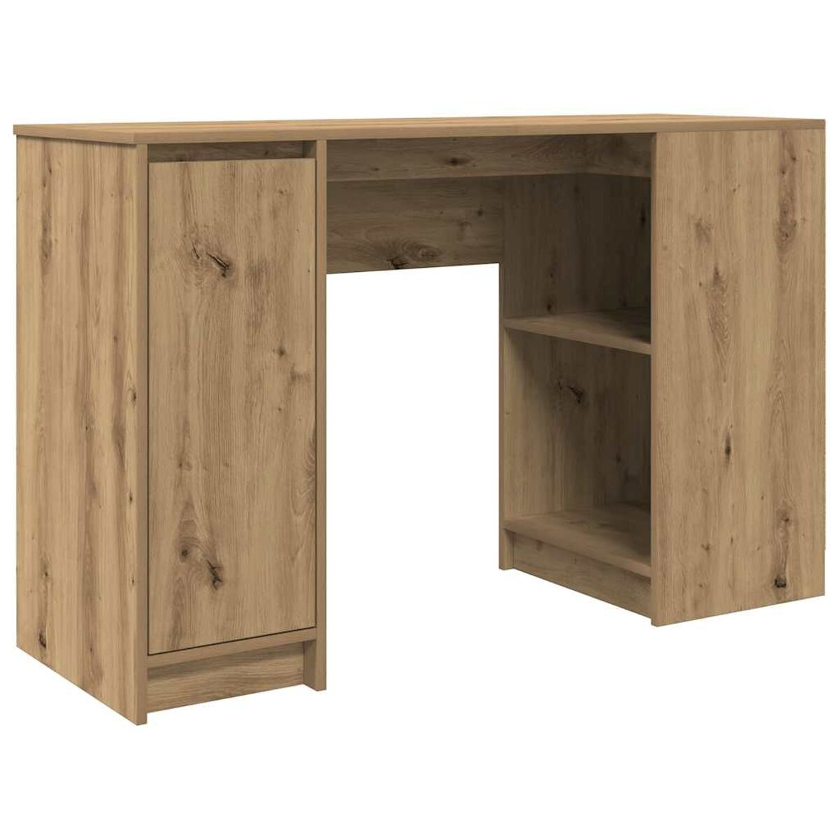 Holzschreibtisch mit Tür links, Regalen rechts und einem offenen Mittelraum.