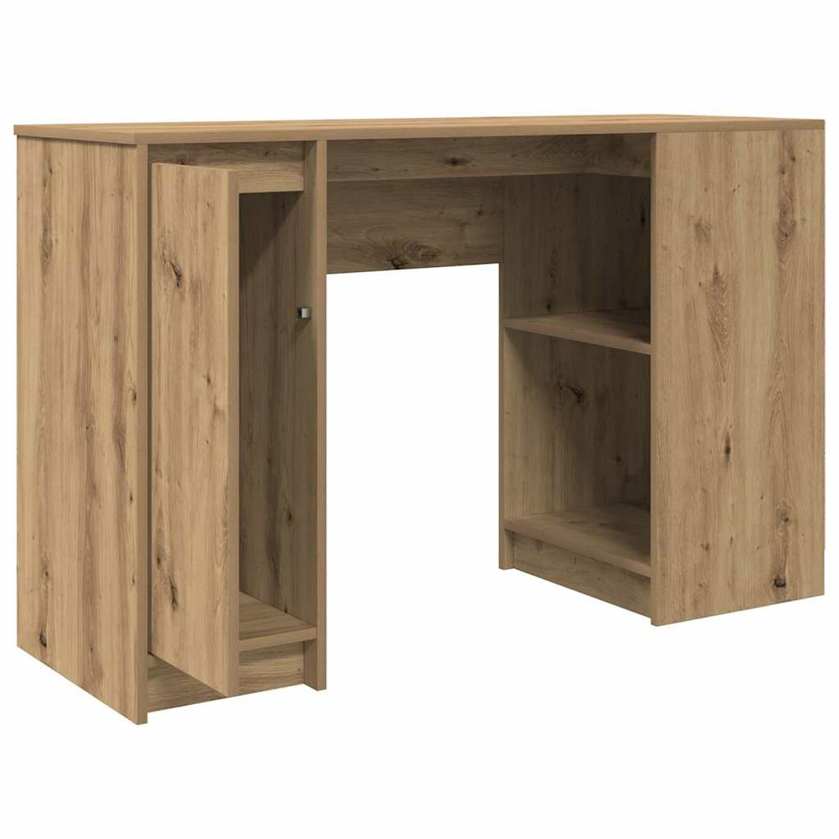 Holzschreibtisch mit Tür, offenen Regalen und einem Aussparungsbereich für Beine.