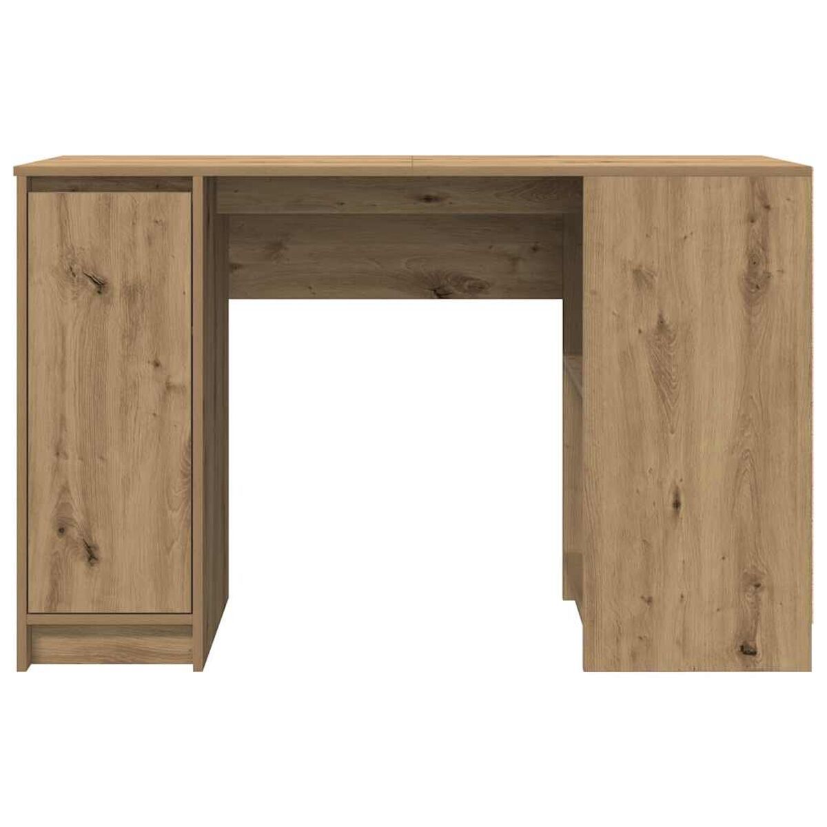 Holzschreibtisch mit Schrank auf einer Seite und offenem Raum auf der anderen.