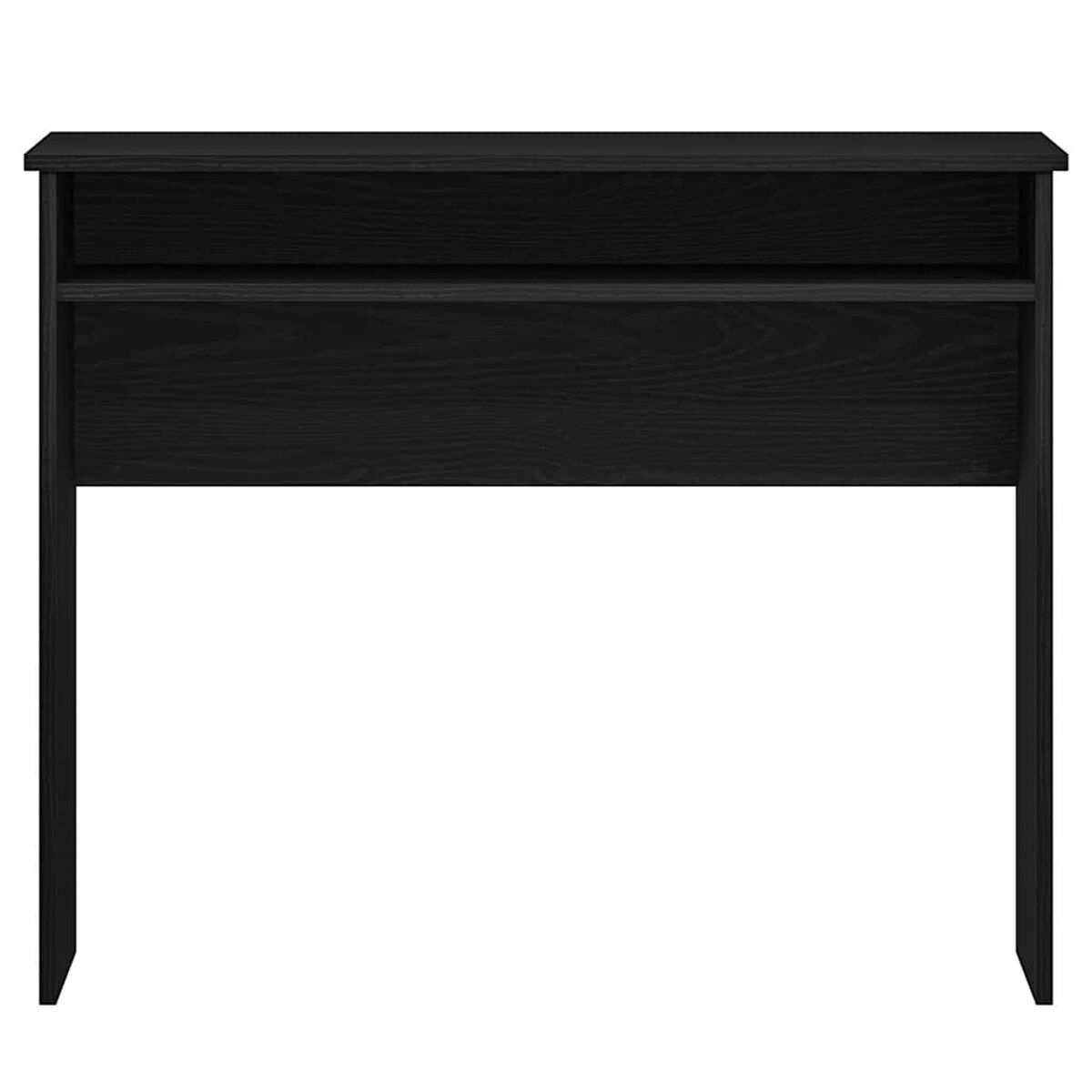 Schwarzes Kopfteil mit zwei Regalen und Beinen. Das Design ist schlicht und modern.