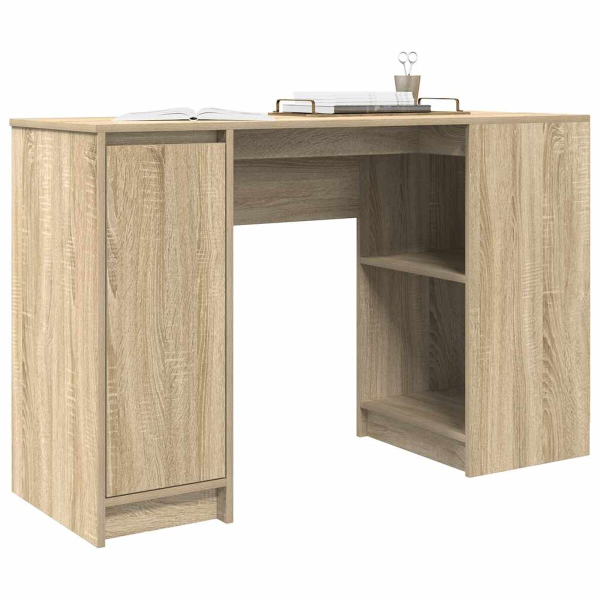 Holzschreibtisch mit Schrank, offenen Regalen und einem Tablett mit Gegenständen. Helles Holz.