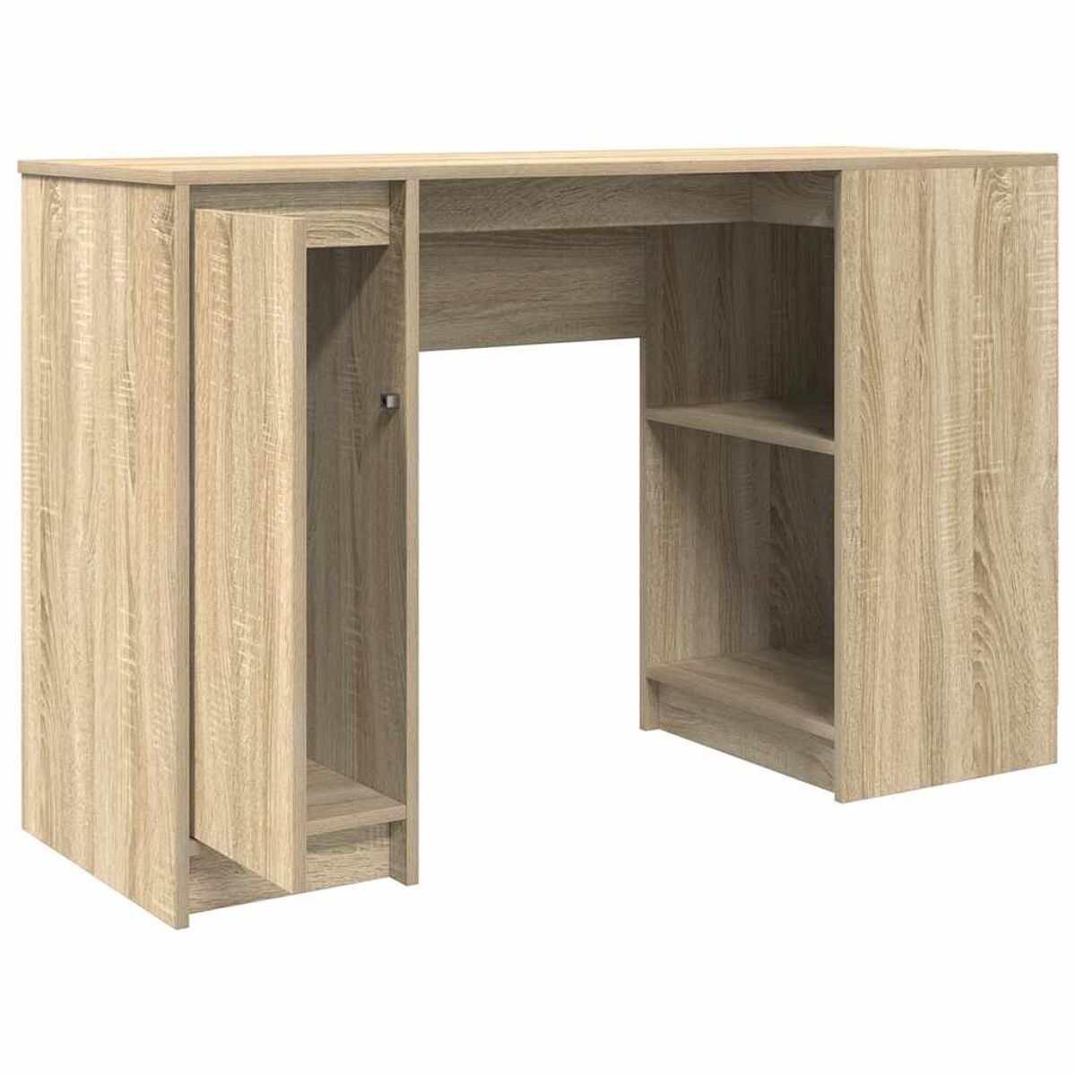 Holzschreibtisch mit offener Tür, Regalen und Tastaturauszug.