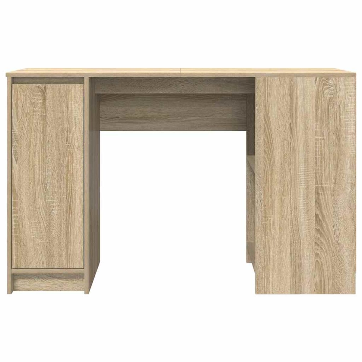 Holzschreibtisch mit Schrank links, Freiraum mittig und Schrank rechts.