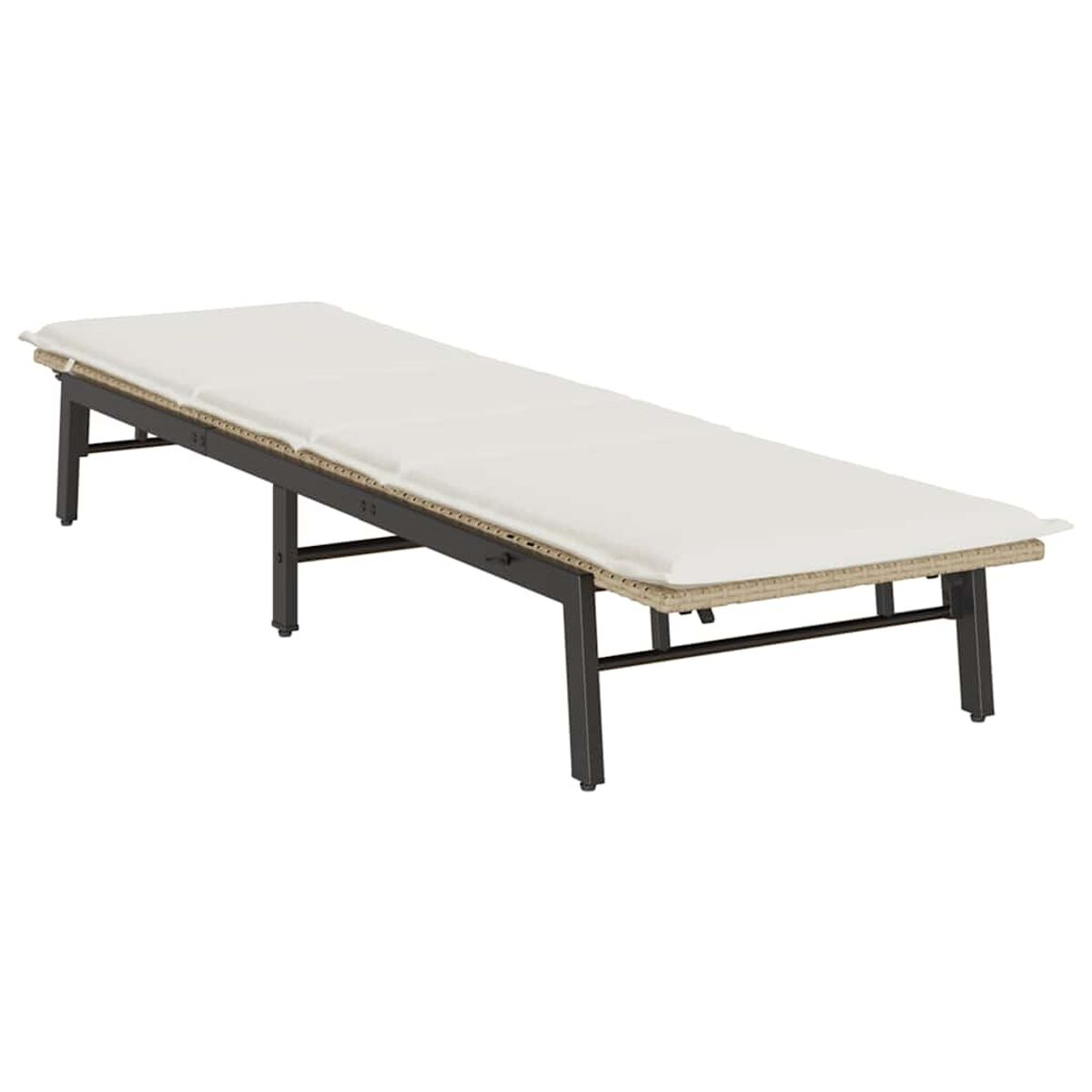 Lettino bianco lungo con telaio scuro. È su una superficie di legno.