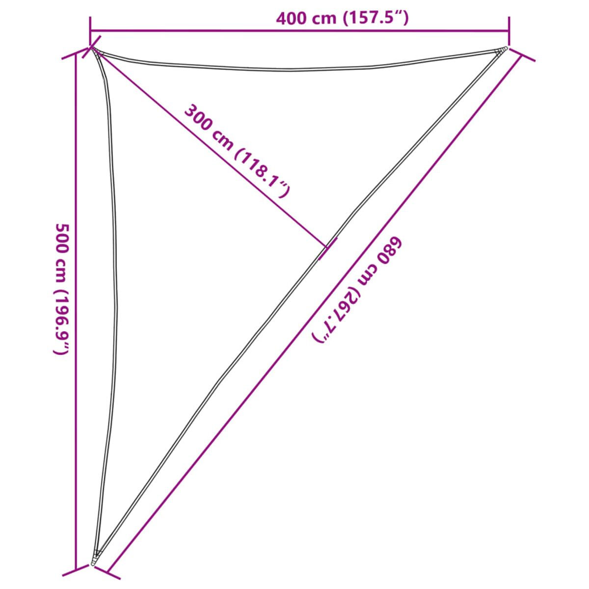 Ein weißes dreieckiges Sonnensegel mit in Zentimetern beschrifteten Abmessungen. Die Seiten messen 400, 500 und 680 cm.