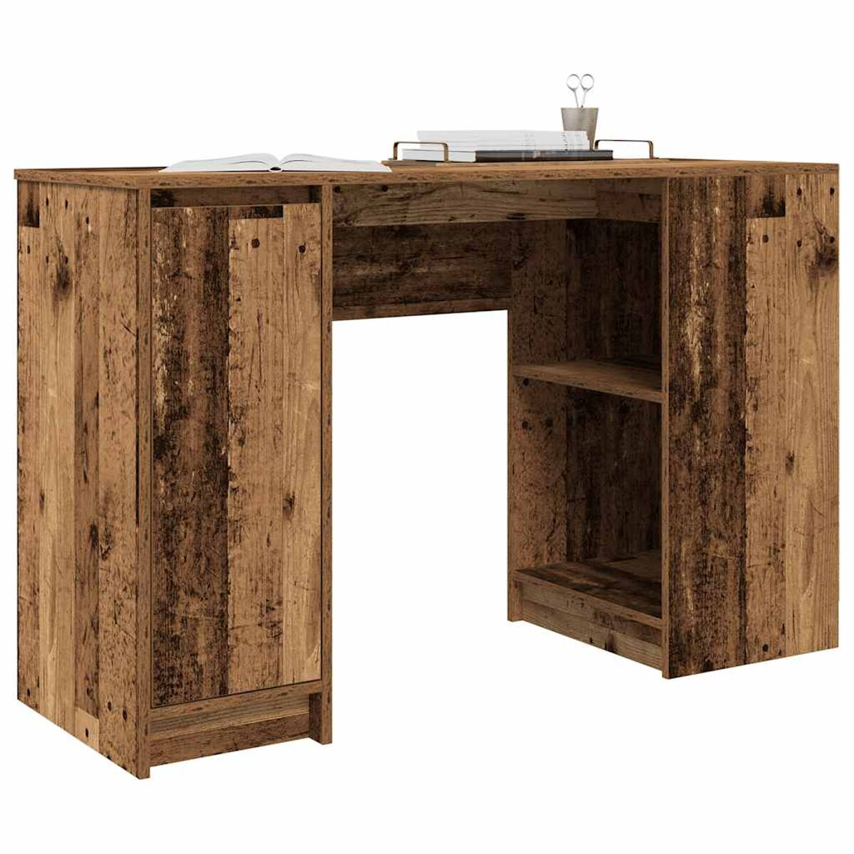 Holzschreibtisch mit Schrank, offenem Regal und Freiraum für einen Stuhl.