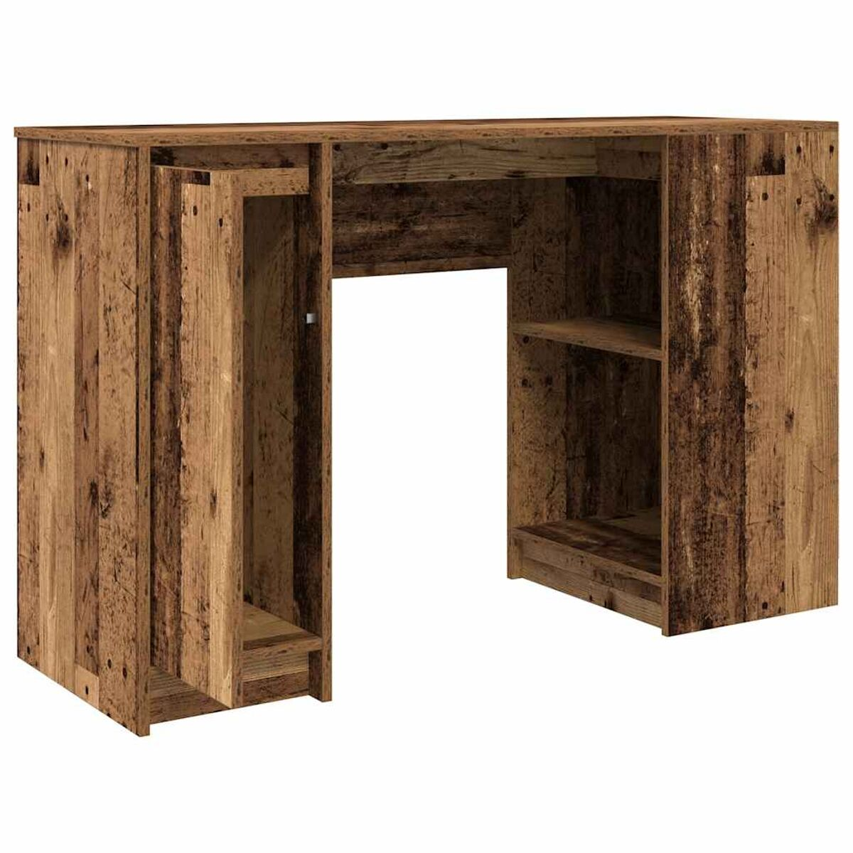 Holzschreibtisch mit offenen Regalen und geschlossenem Fach, mit Holzmaserung.