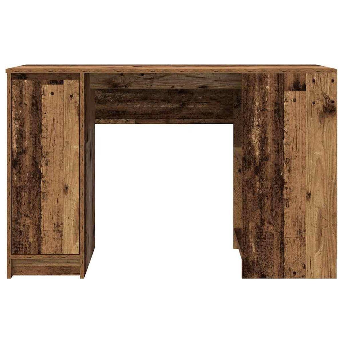 Holzschreibtisch mit zwei Schränken und einer zentralen Öffnung. Das Holz hat ein Used-Finish.