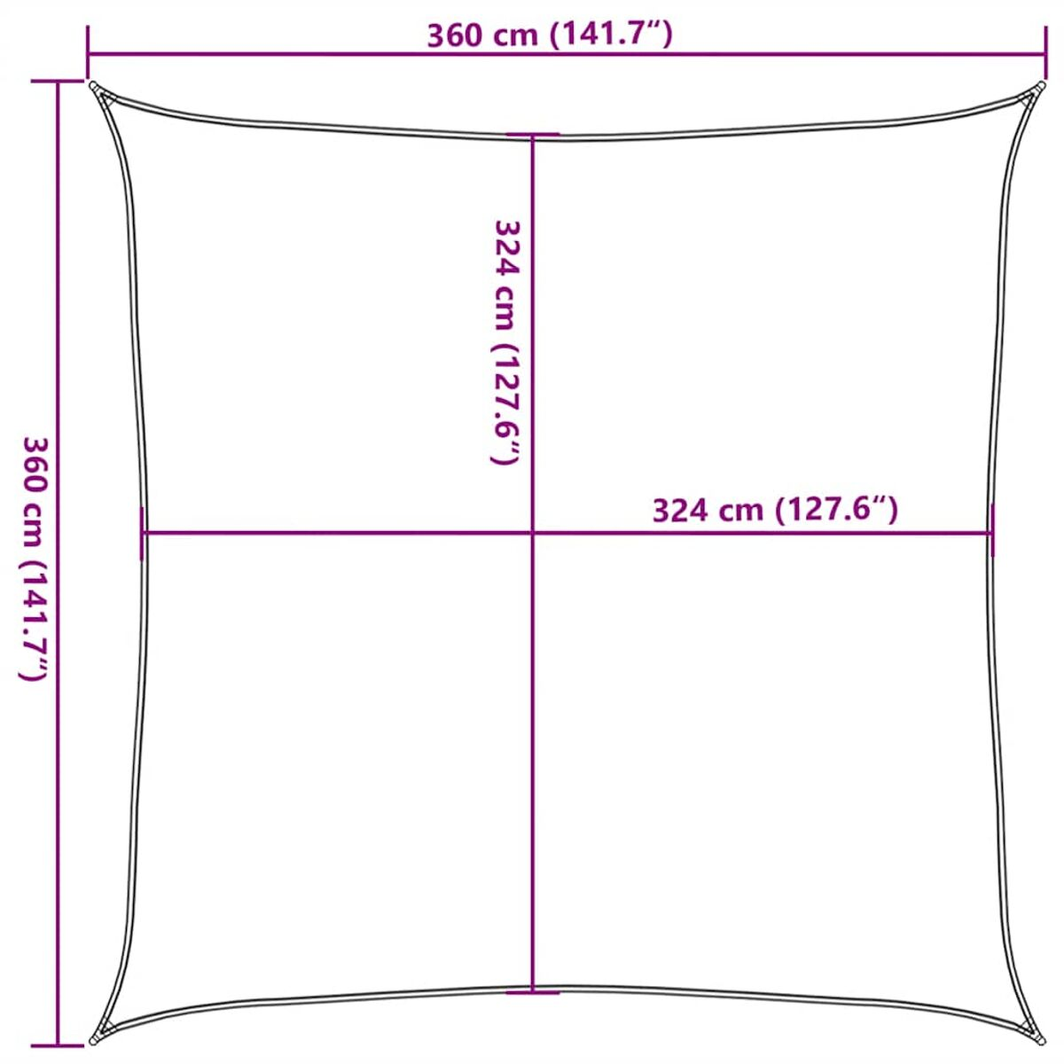 Una vela ombreggiante quadrata con dimensioni etichettate in cm e pollici.