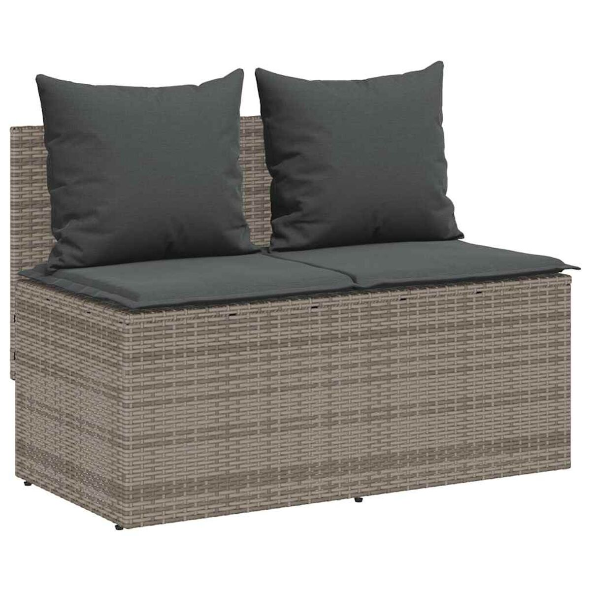 Una panca in vimini beige con due cuscini grigi.