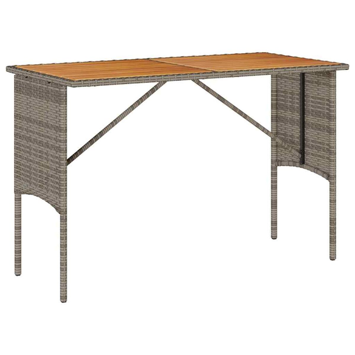 Tavolo da bar all'aperto. Piano in legno marrone, lati in vimini grigio, supporti in metallo.
