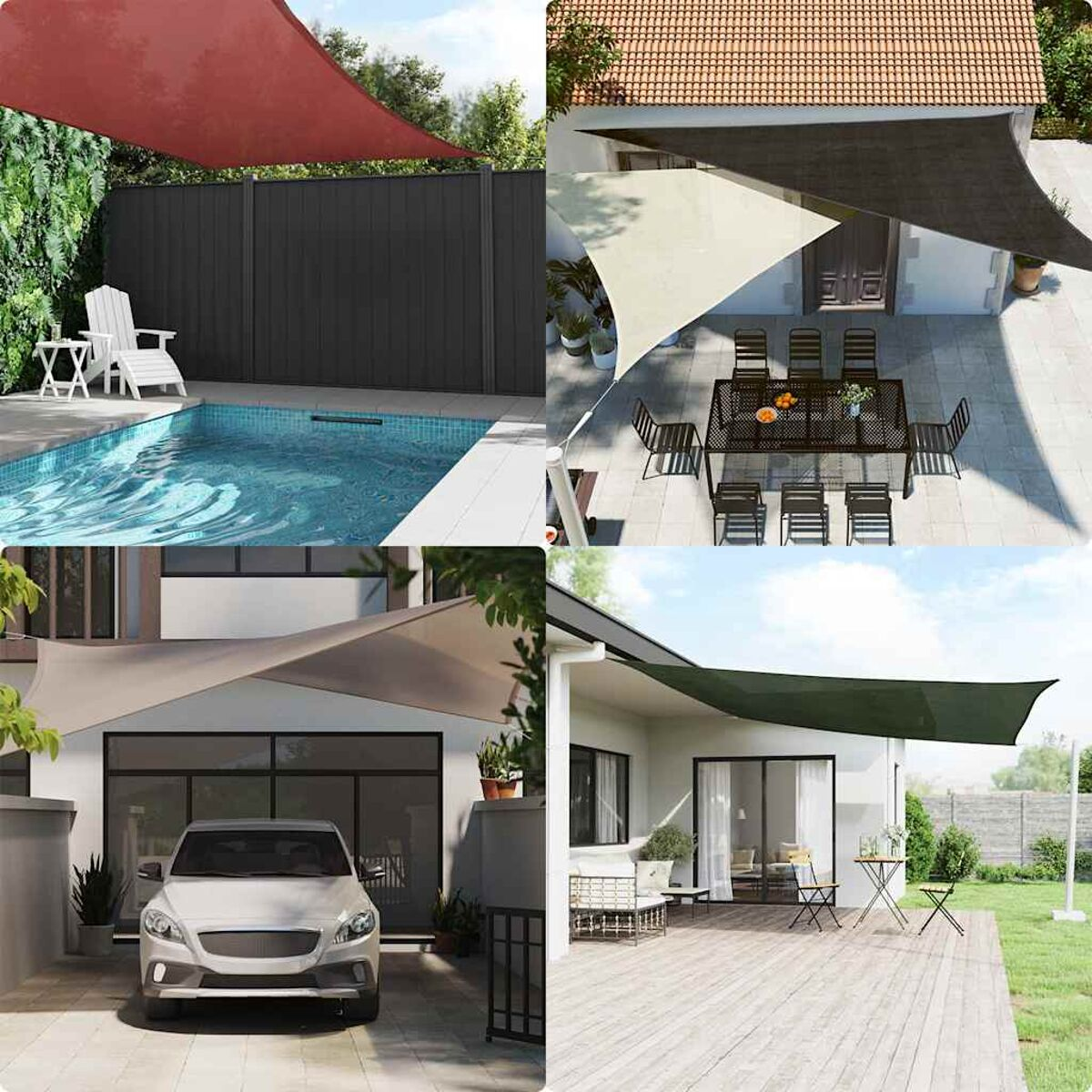Quattro immagini di aree esterne con vele ombreggianti; sono mostrate piscine, carport e terrazze.
