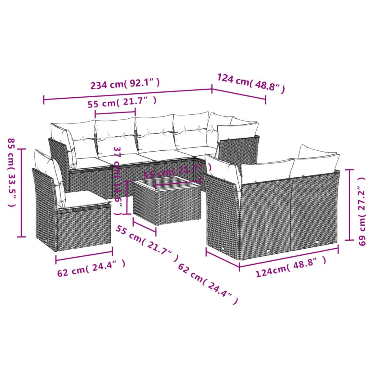 Gartenmöbelset mit Maßangaben. Enthält Sofa und Stühle.
