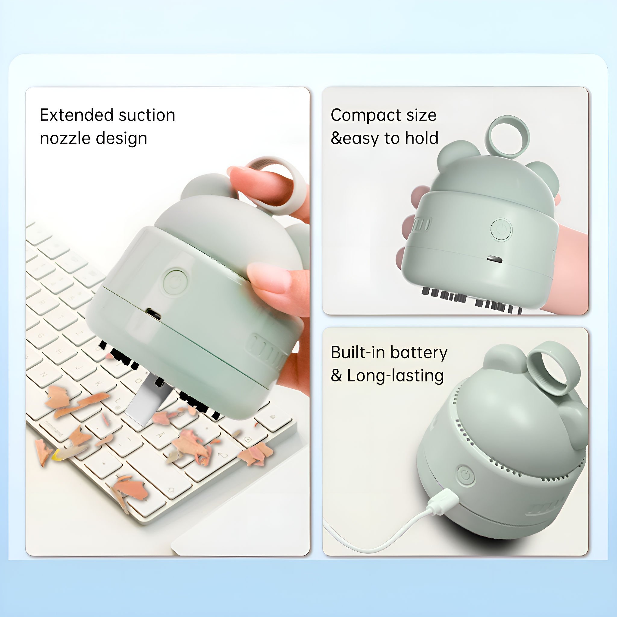 Ein mintgrüner Mini-Staubsauger, mit Tastatur und Bleistiften. Der Staubsauger hat einen Bärenkopf.