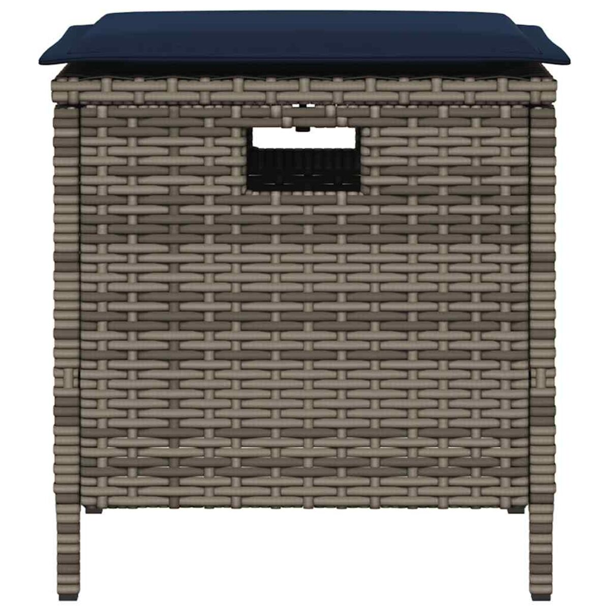 Aufbewahrungs-Hocker aus Korbgeflecht mit blauem Kissendach. Rechteckiges Webdesign.