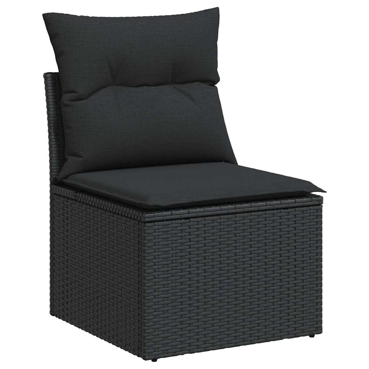 Sedia nera con cuscino e poggiatesta, posizionata su un cubo intrecciato.