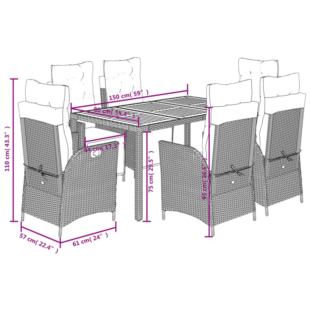 Un set di tavolo e sedie con dimensioni espresse in centimetri e pollici.