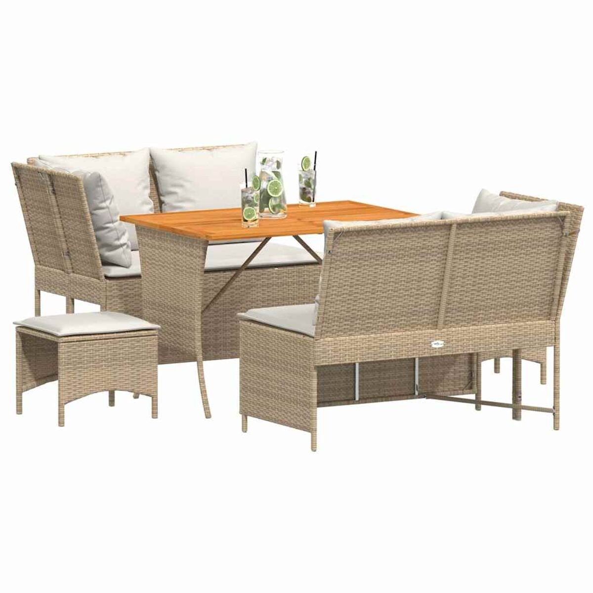 Set da pranzo per esterni in rattan con tavolo, panche, sgabelli e bevande.