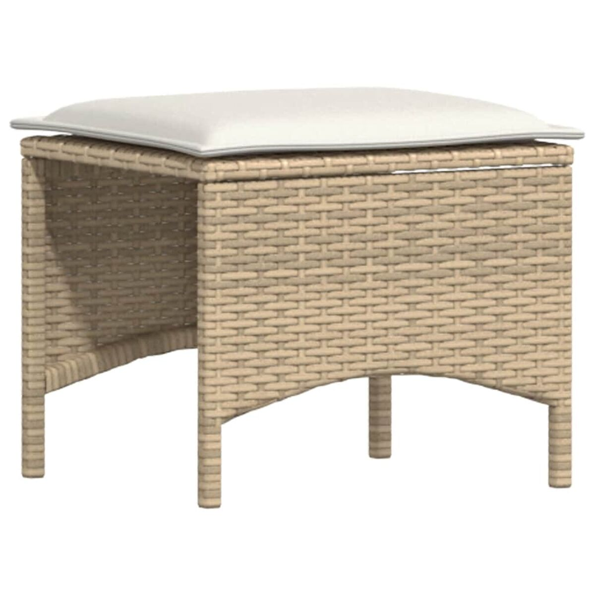 Pouff in vimini con cuscino bianco su base intrecciata beige chiaro.