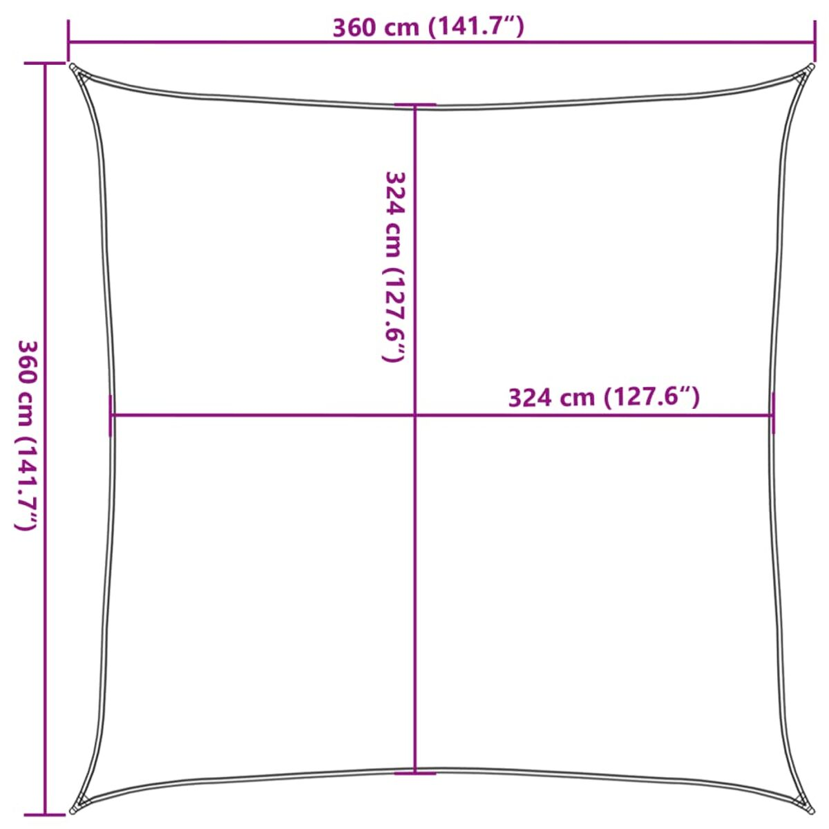 Diagramm eines quadratischen Sonnensegels mit Abmessungen in Zentimetern und Zoll.