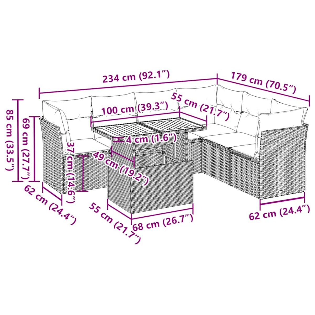 Divano componibile in rattan con dimensioni etichettate. Dimensioni in cm e pollici.