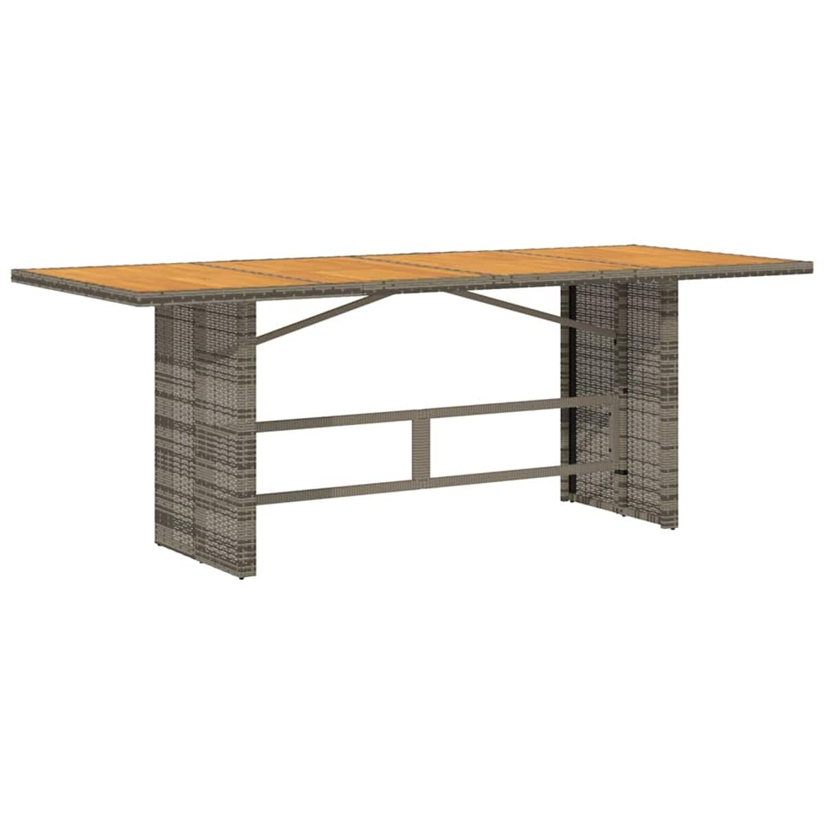 Bartisch im Freien aus Korbgeflecht und Holz, mit angegebenen Abmessungen.