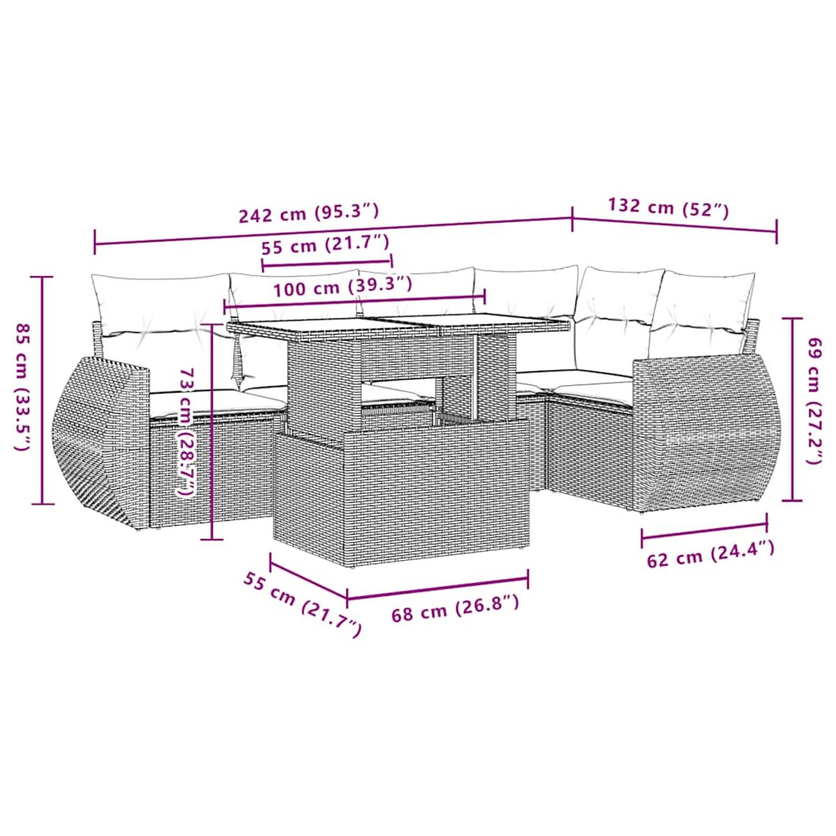 Ein Outdoor-Ecksofa aus Rattan mit Abmessungen und beschrifteten Maßen.