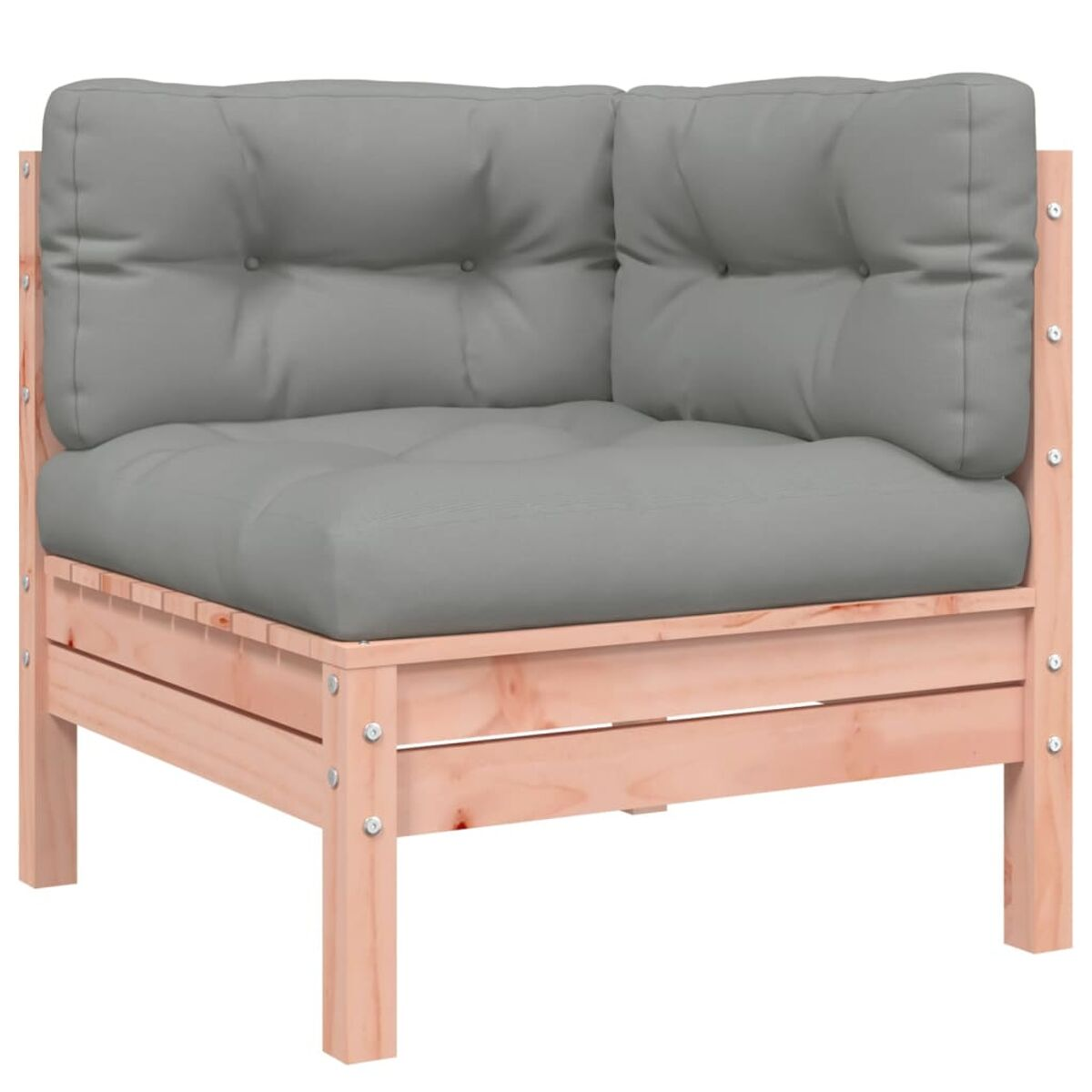Ecksofa aus Holz mit grauem Kissen und Holzrahmen.