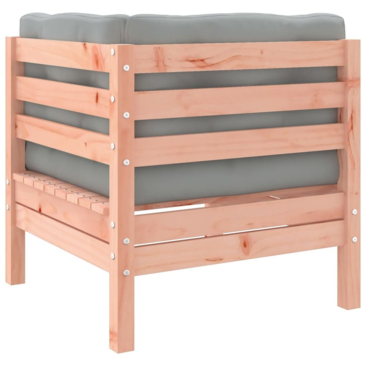 Holz-Outdoor-Sofa-Rahmen mit grauem Kissen. Das Sofa ist aus Holz und hat ein einfaches Design.