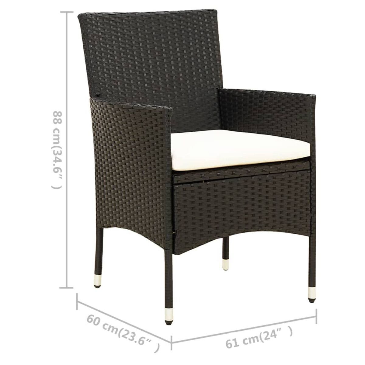 Schwarzer Rattanstuhl mit weißem Kissen. Abmessungen sind 60x61x88 cm (23,6x24x34,6 Zoll).