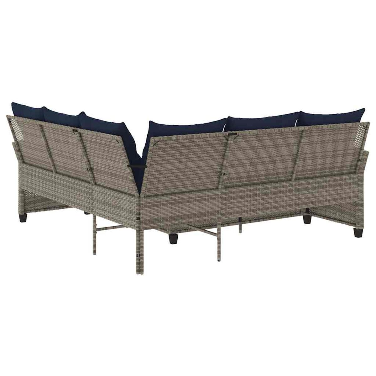 Vista posteriore di un divano da esterno a forma di L in rattan grigio con cuscini blu navy.