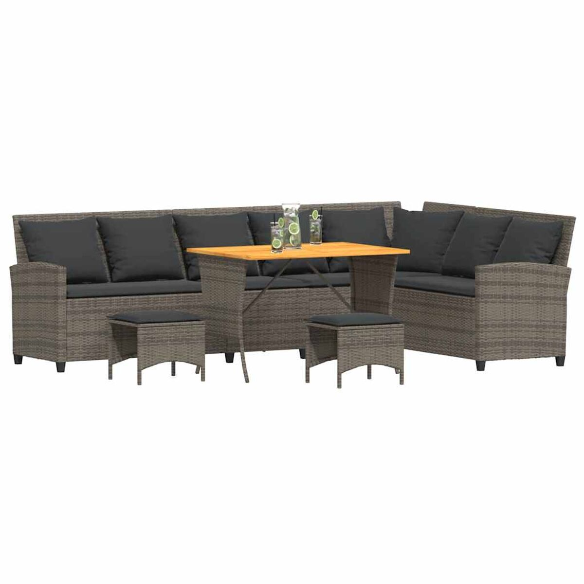 Set da pranzo in rattan per esterni con tavolo, panche, sgabelli e bevande.