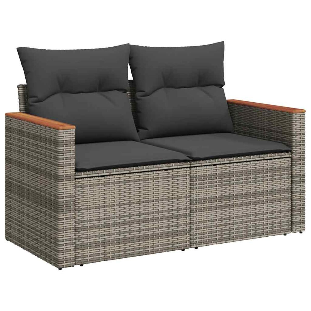 Zweisitzer-Rattansofa mit Holzarmlehnen, grauen Kissen und einem Korbgestell.