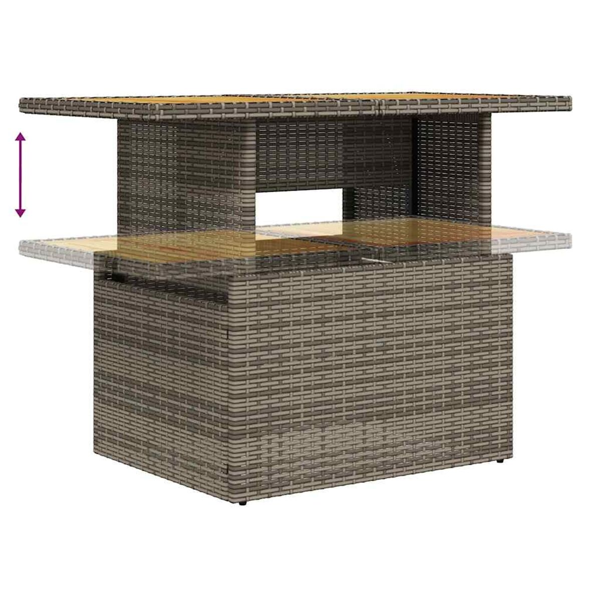 Tisch im Rattan-Stil mit hebbarer Platte, Maße und Abmessungen gezeigt.