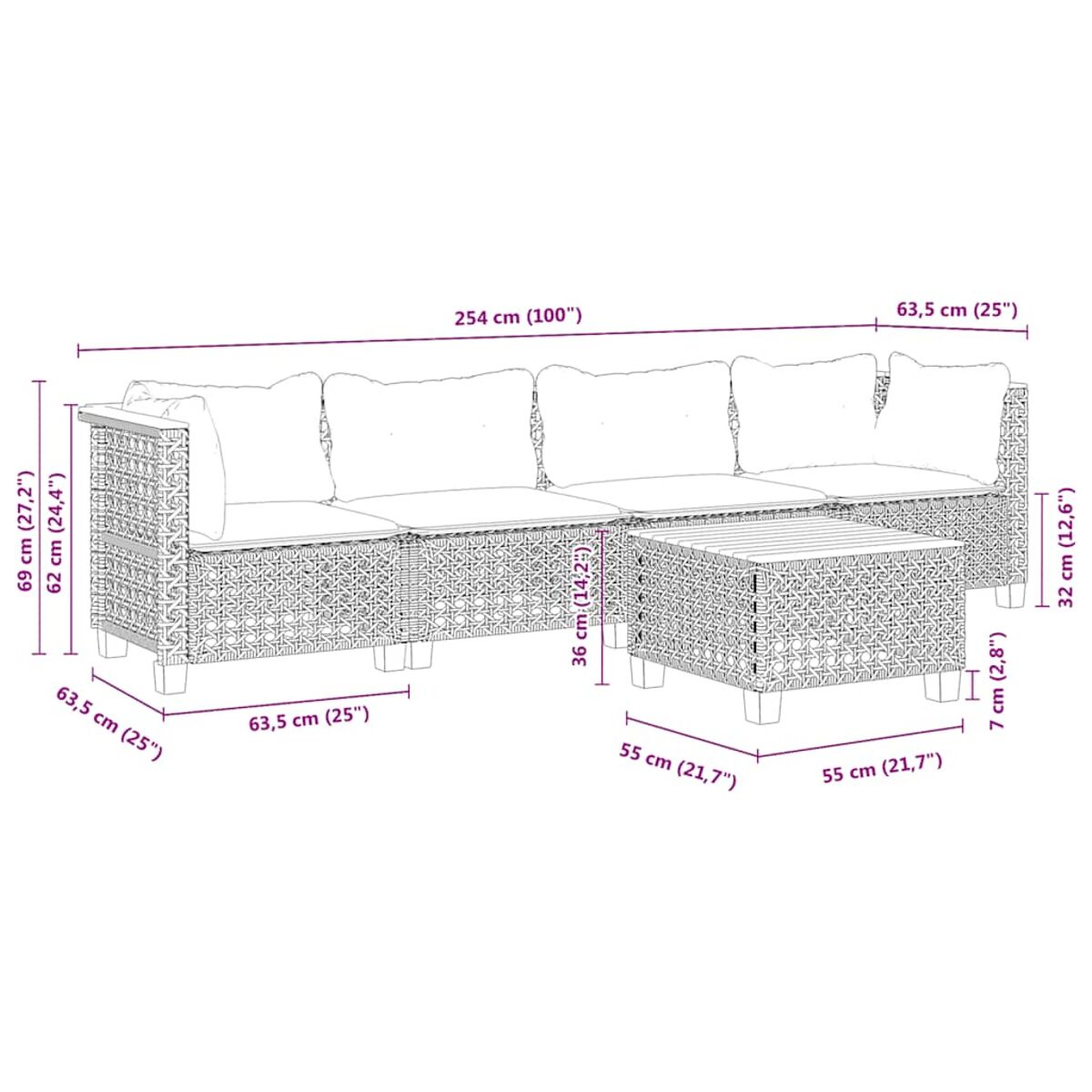 Un diagramma mostra le dimensioni di un divano componibile e di un tavolo in centimetri e pollici.