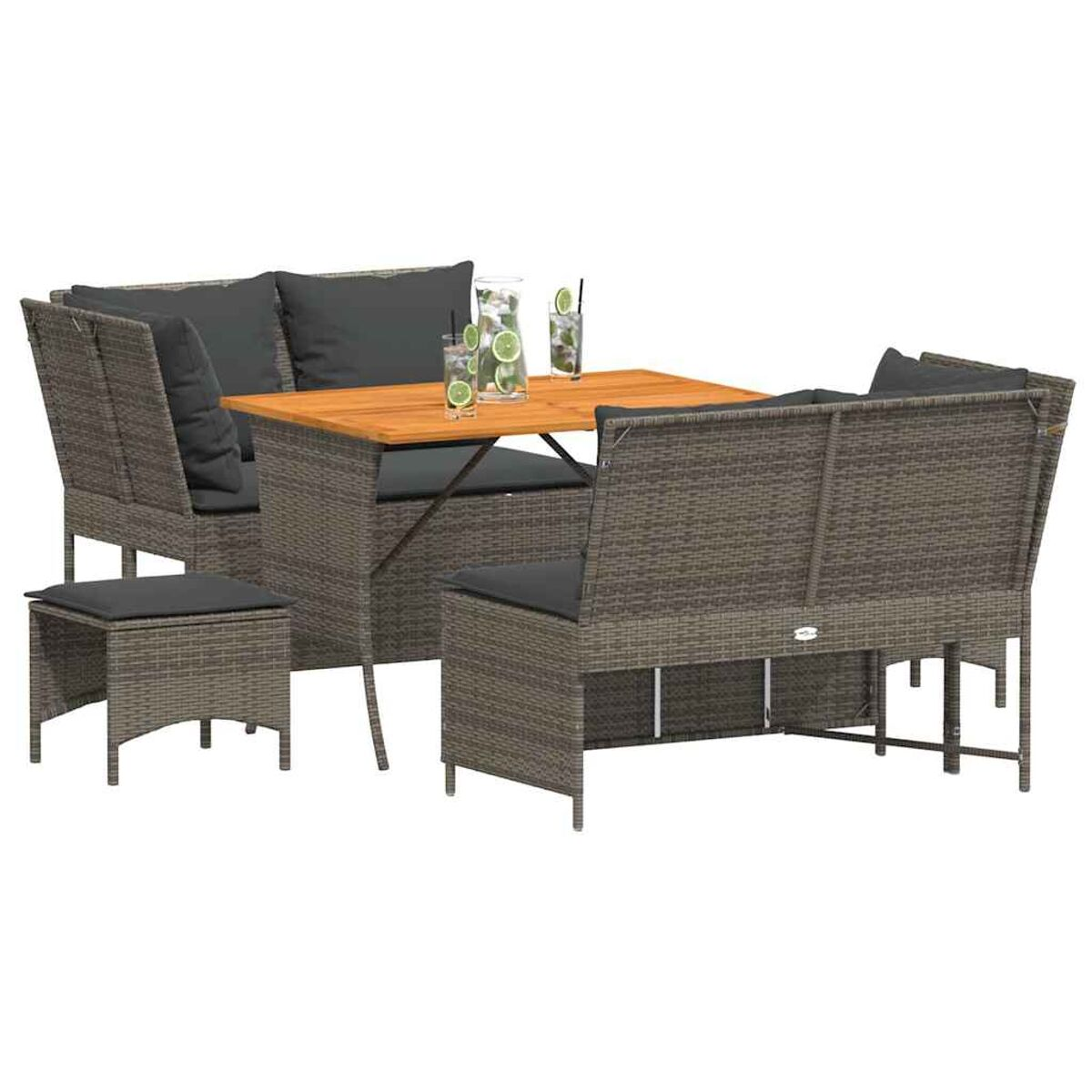 Set di sedute da esterno in rattan con tavolo, sgabelli e cuscini. Il set è grigio.