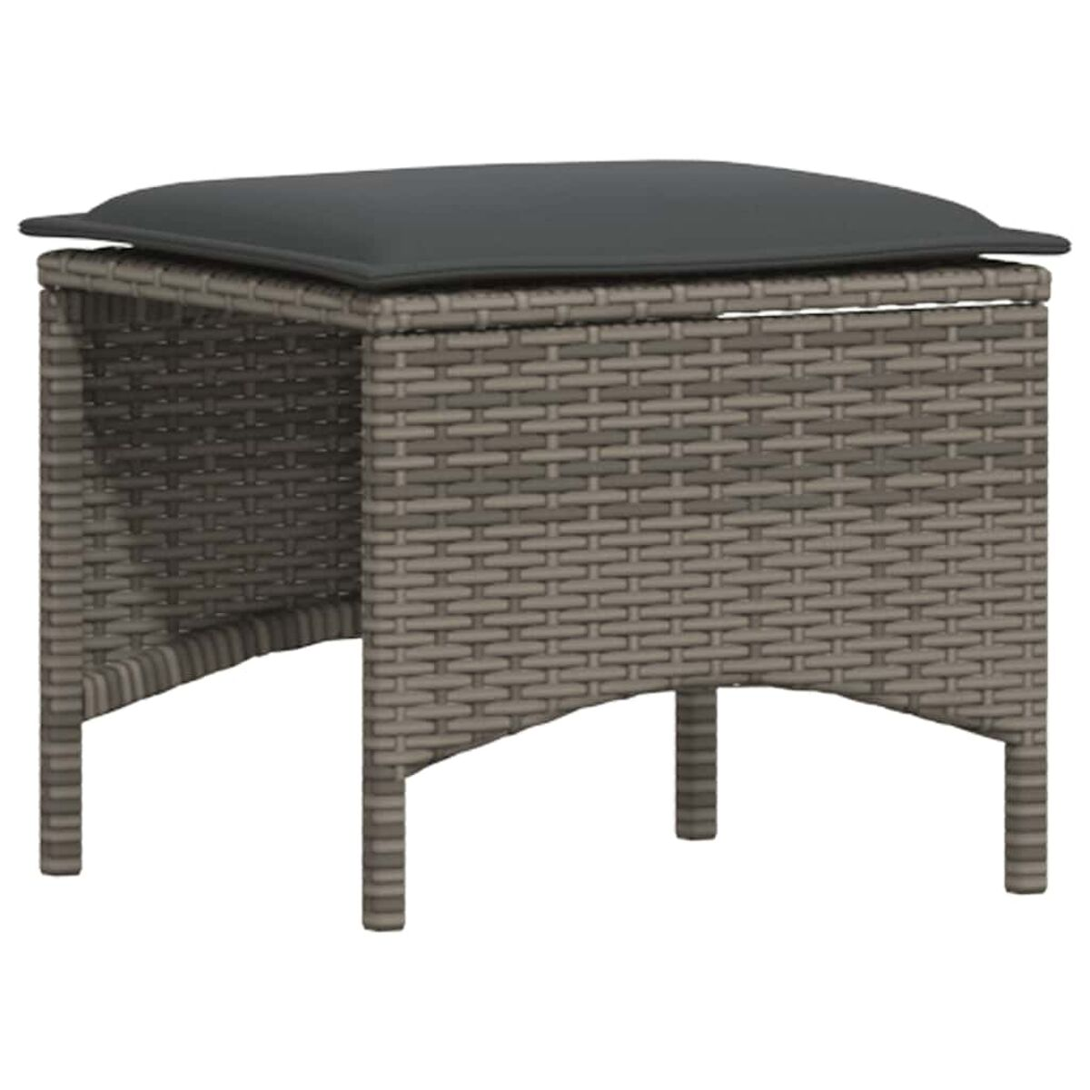 Un pouf quadrato, in stile intrecciato, con un cuscino grigio scuro. Il pouf è marrone chiaro.