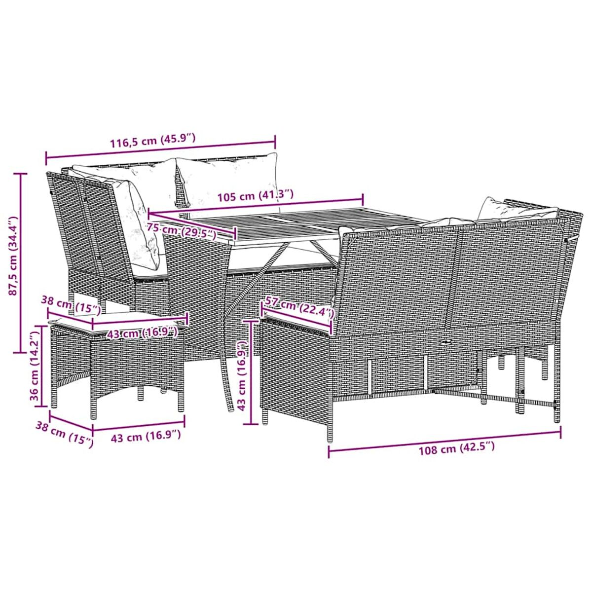 Diagramma di un set da pranzo da esterno in vimini con dimensioni in cm e pollici.