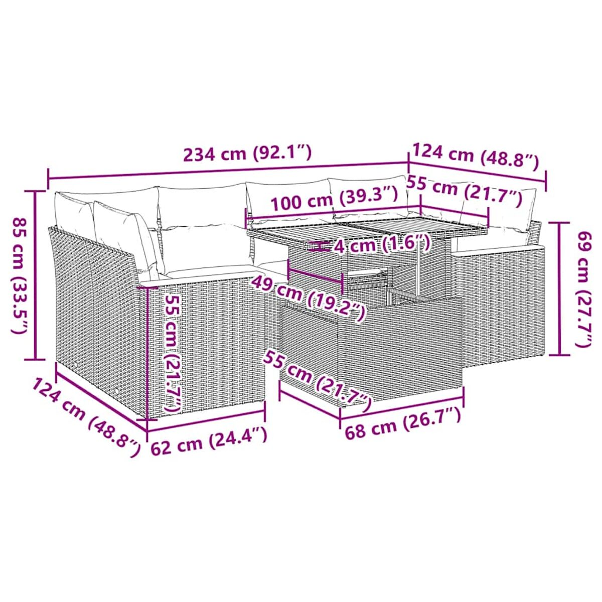 Schema con le dimensioni di un set di sedute da esterno. Include un tavolo, due divani, ecc.