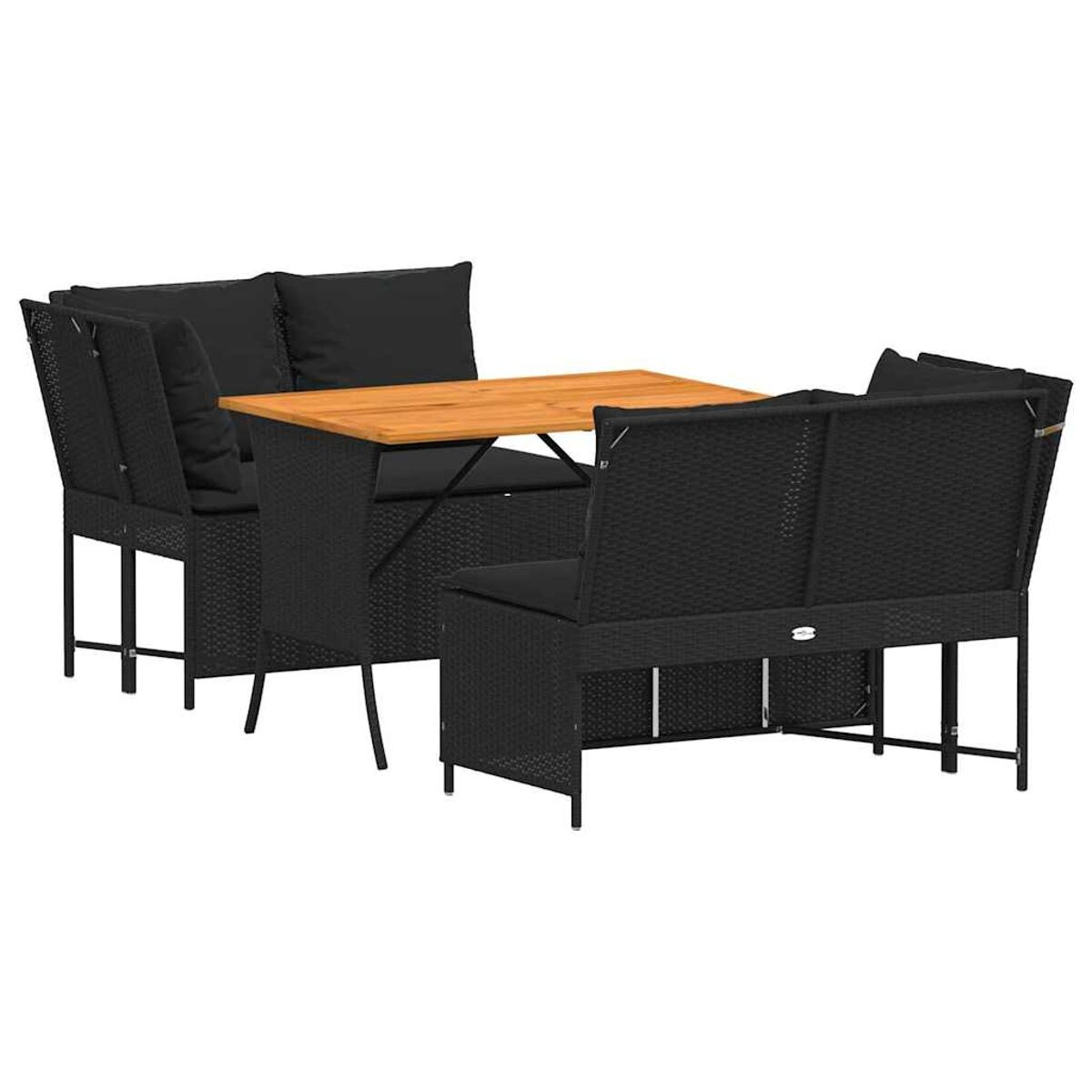 Set da pranzo da esterno in vimini nero con tavolo e cuscini neri. Sfondo bianco.
