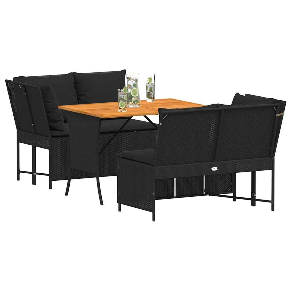 Set da pranzo all'aperto con sedute nere e tavolo in legno, con bevande.