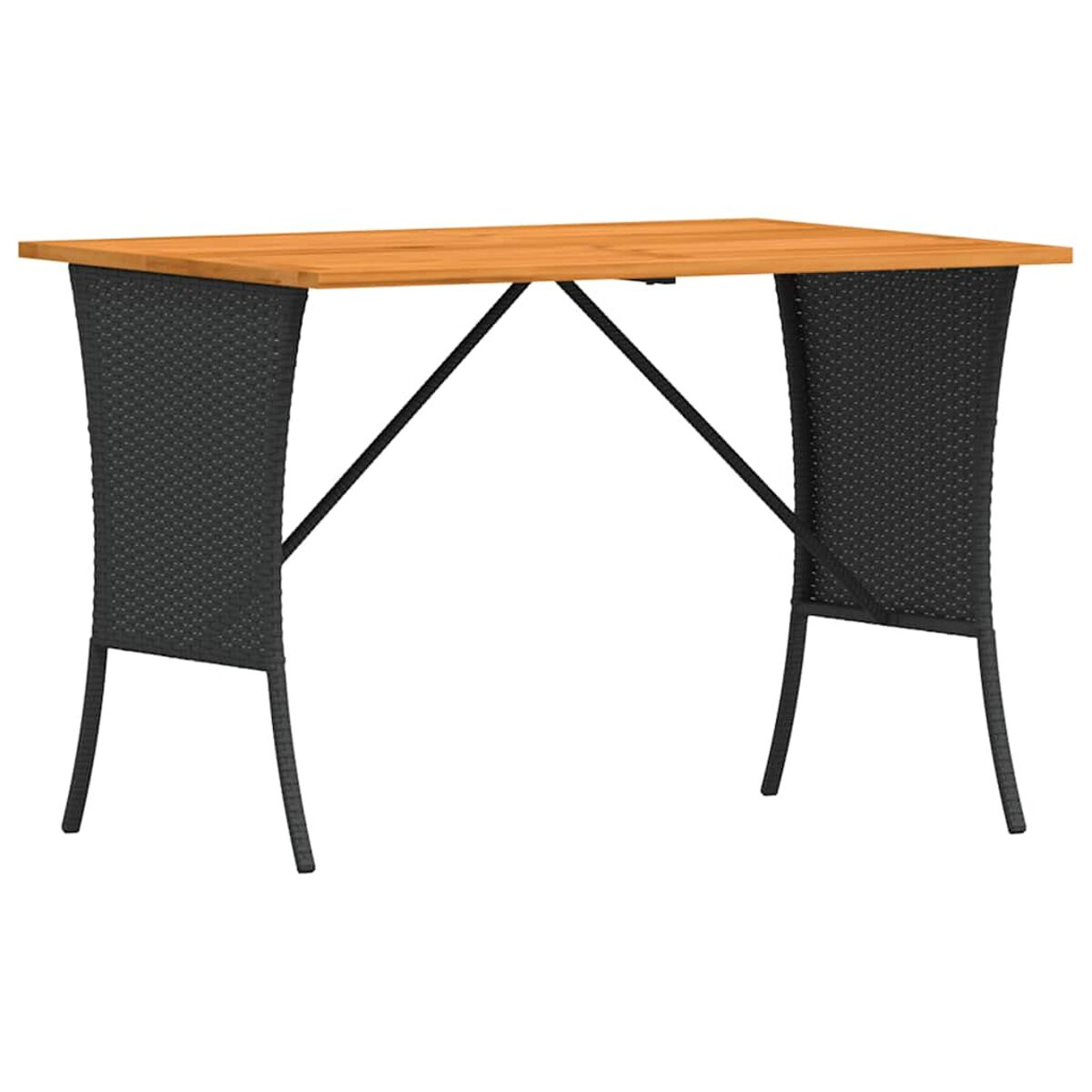 Tavolo in legno con gambe intrecciate nere e piano in legno.
